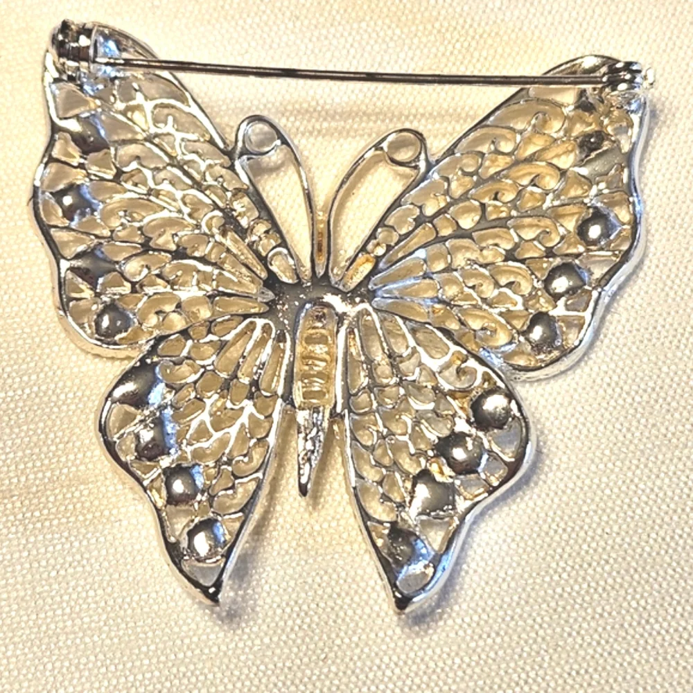 Vintage Silver Tone Rhinestone Filigree Butterfly Brooch